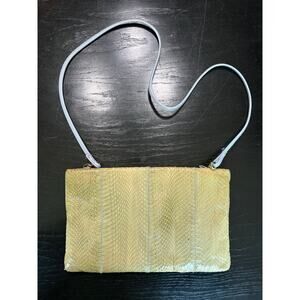 Vtg 70s Clemente- clutch purse- Beige muted green, powder blue strap- snakeskin